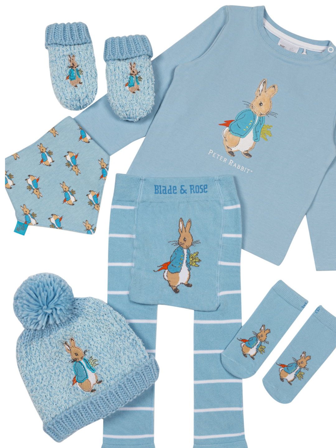 The Peter Rabbit™ Up To Mischief range, including winter hat, mittens, top, leggings, socks and bandana bib