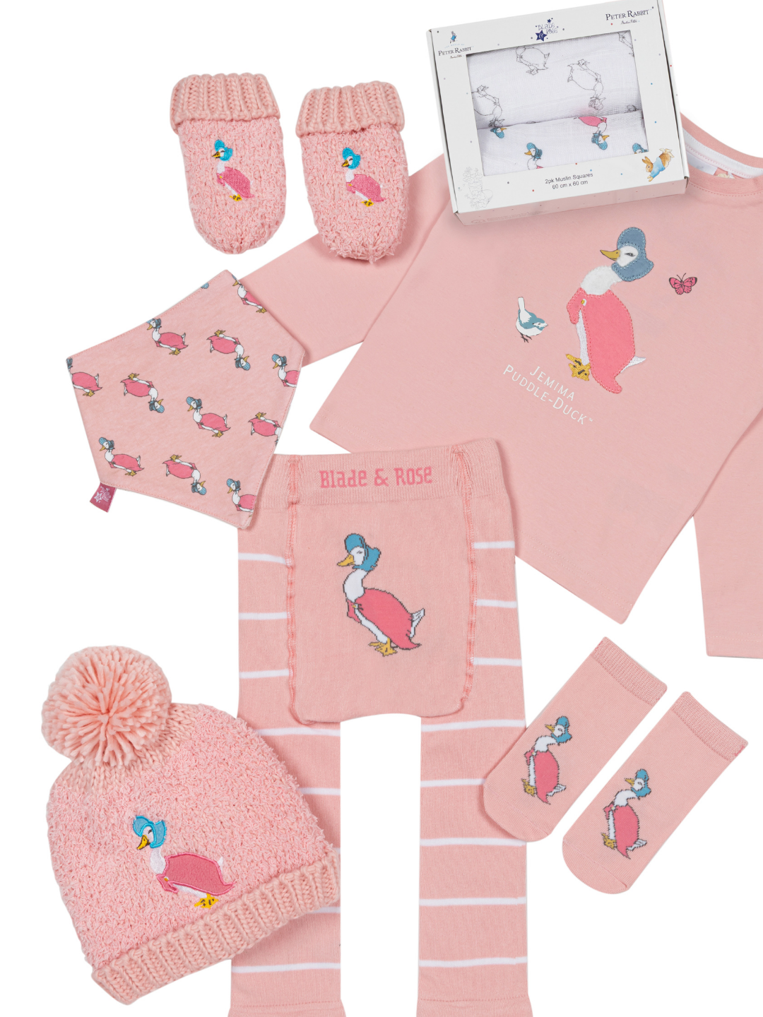 The Jemima Puddle-Duck™ range, including mittens, bobble hat, top, leggings, socks and bandana bib
