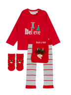 The Hamish Christmas range, including the I Believe top, the striped leggings and the red socks