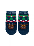 Gruffalo™ Christmas Socks in the baby size, with the Fair Isle cuff turned down over the fluffy navy foot