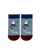 Miffy™ Christmas Socks in the baby size, blue with a navy ribbed cuff and burgundy toe