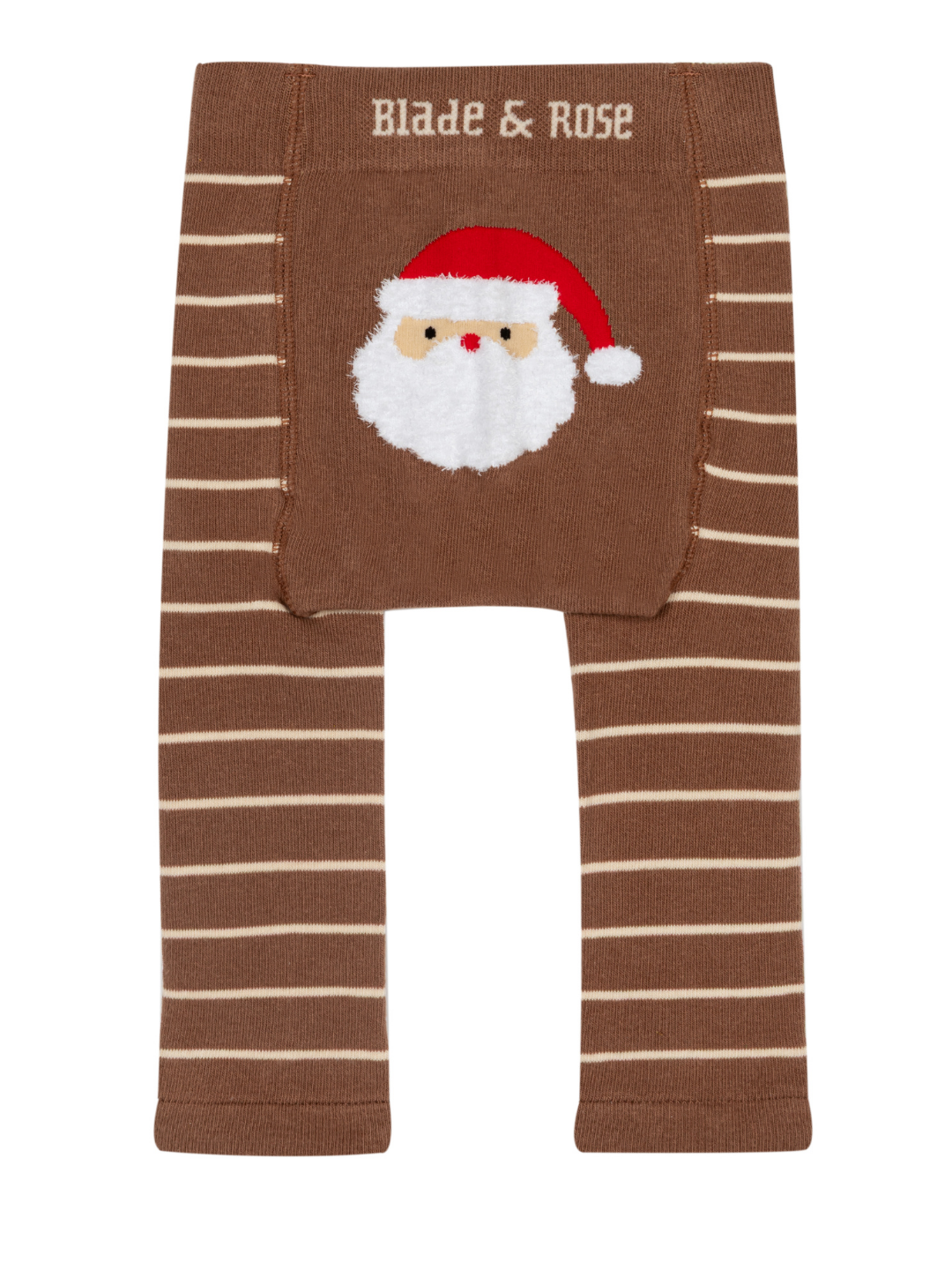 Santa Ho Ho Ho Leggings from behind, with the Blade & Rose waistband and a soft fluffy Santa on the seat panel