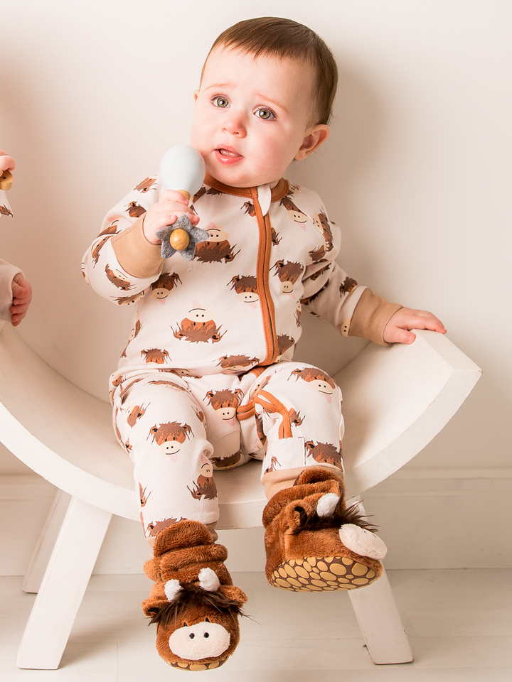 Neutral Hamish Highland Cow Zip-Up Romper