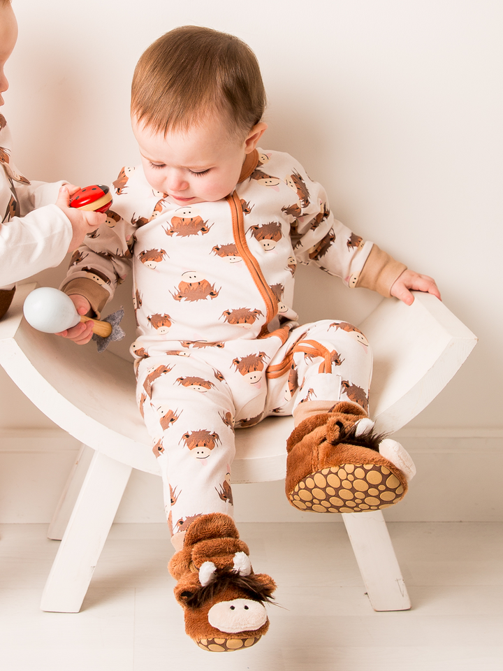 Neutral Hamish Highland Cow Zip-Up Romper
