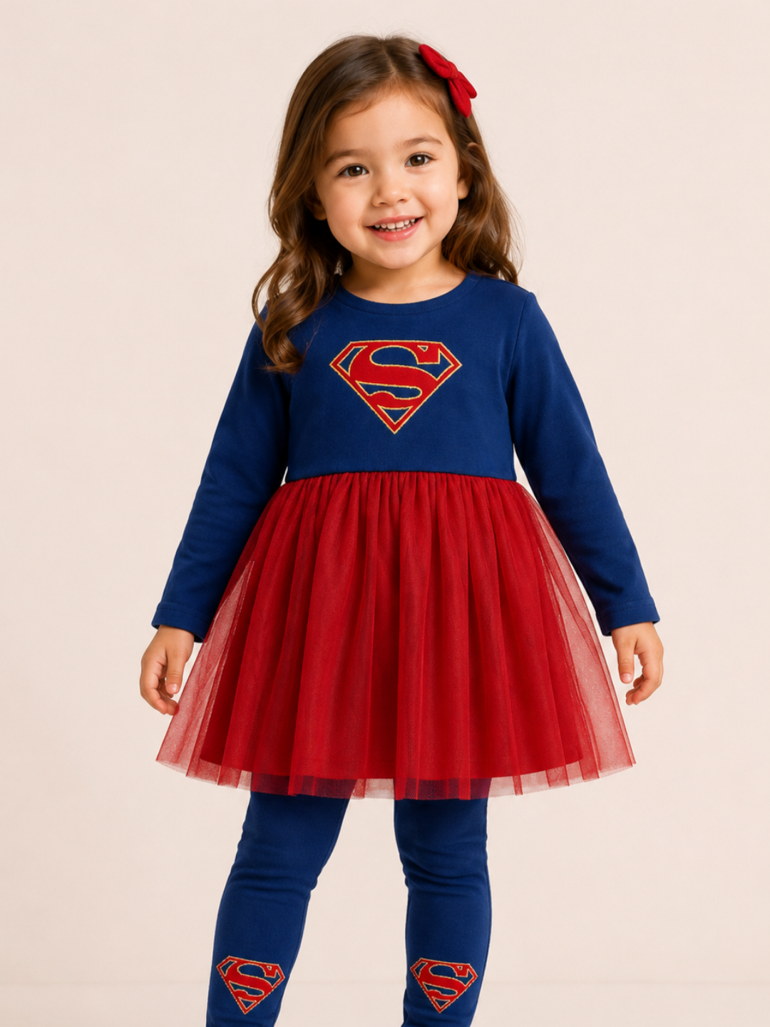 Girl wearing the Supergirl™ Unstoppable dress with matching leggings