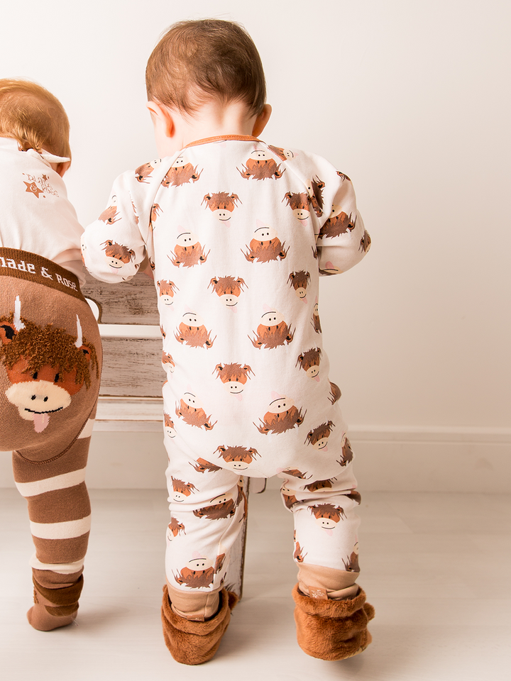 Neutral Hamish Highland Cow Zip-Up Romper