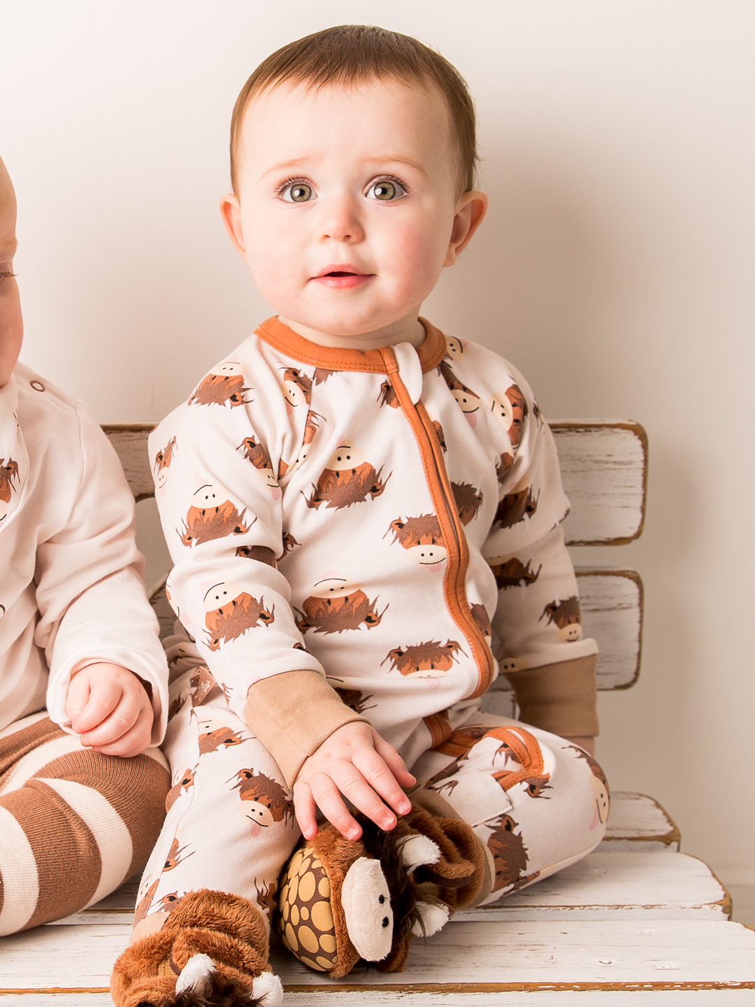 Neutral Hamish Highland Cow Zip-Up Romper