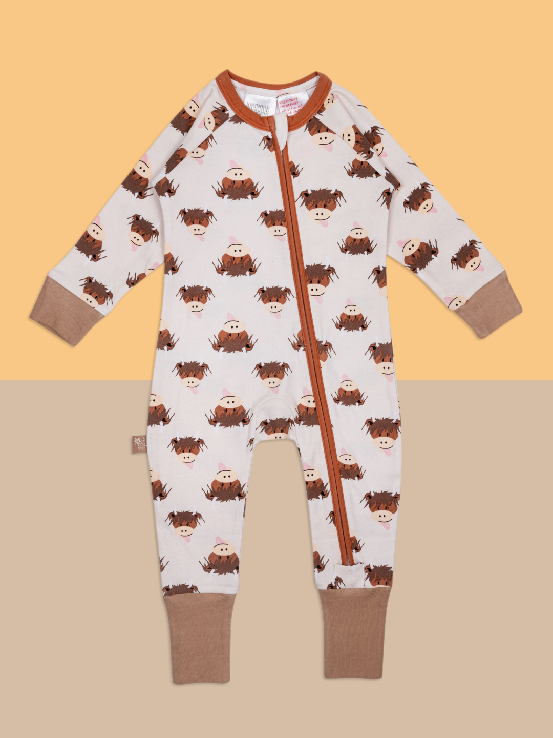 Neutral Hamish Highland Cow Zip-Up Romper