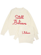 Still Believe adult jumper and I Believe kids jumper in cream with red embroidery, laid flat