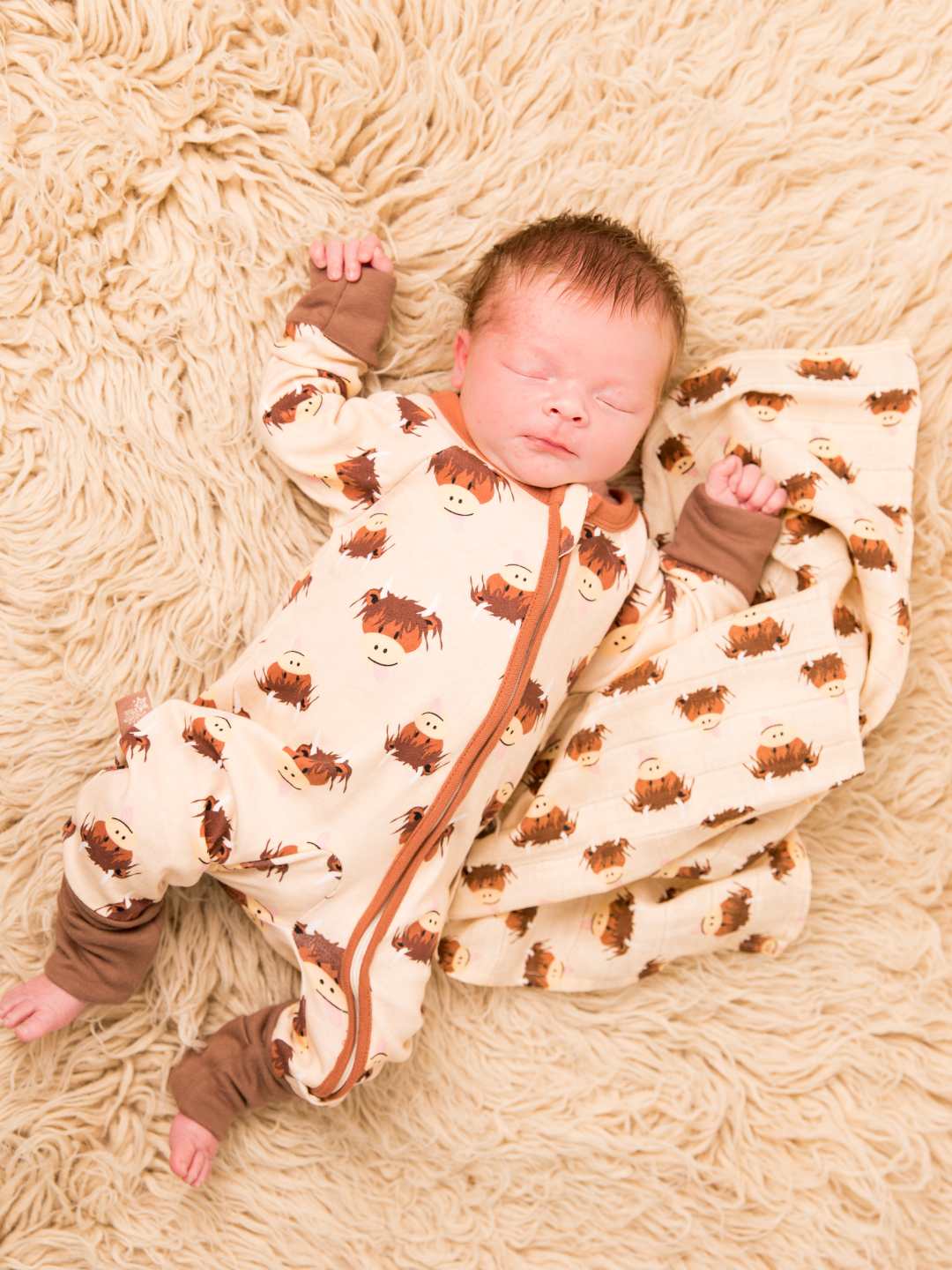 Neutral Hamish Highland Cow Zip-Up Romper
