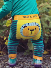 Frankie the Lion Unisex Baby Leggings - tonal teal and navy stripes, and a contrasting mustard bum.