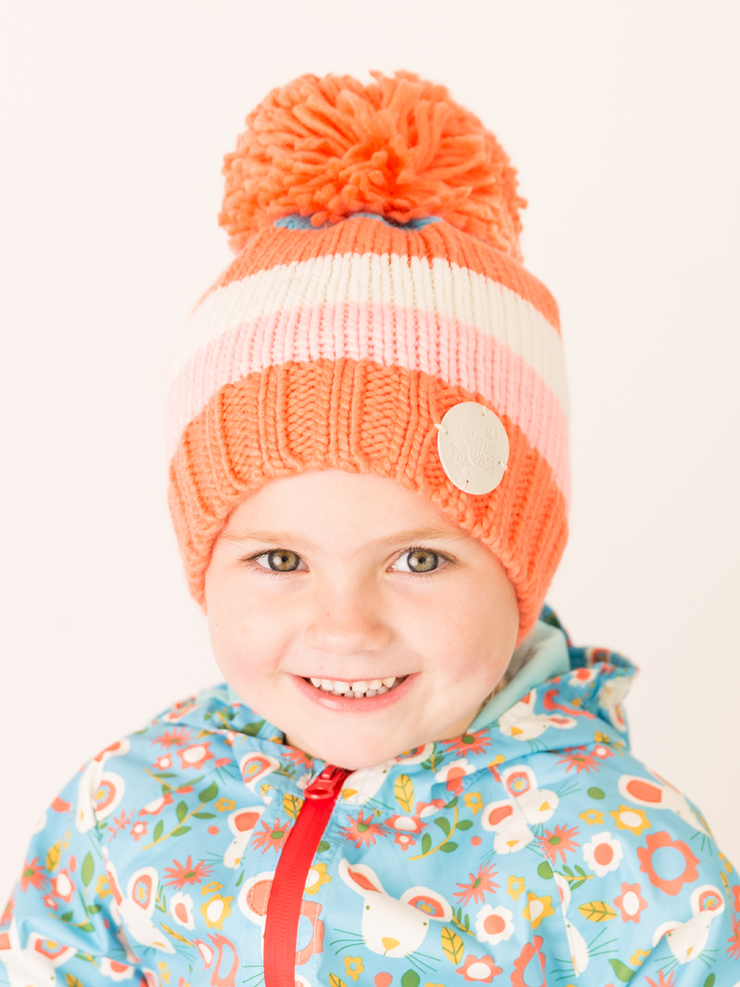 Coral and Cream Striped Bobble Hat Blade & Rose