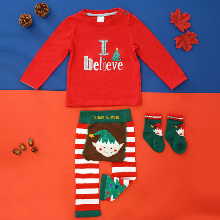 Festive Outfit - Top with 'I Believe' on the Front, Stripey Elf Leggings & Elf Socks