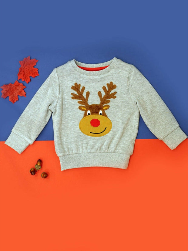 Festive Sweater - Light Grey with a Reindeer Head on the Front