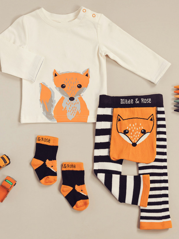 Fox Leggings Matching Outfit - Cream Top, Stripey Leggings with Fox on the bum & Socks