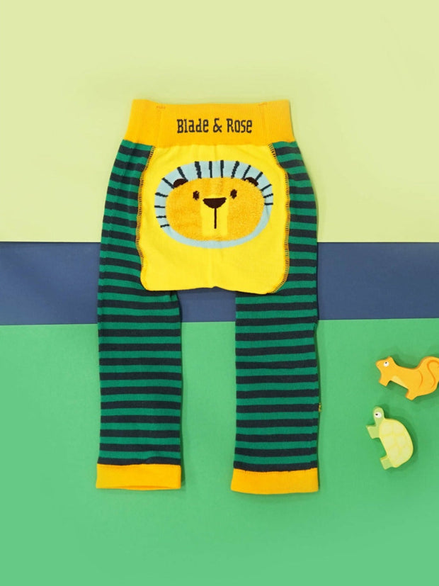 Frankie the Lion Leggings - Teal & Navy Stripes & Mustard Yellow Lion Face on the Bum