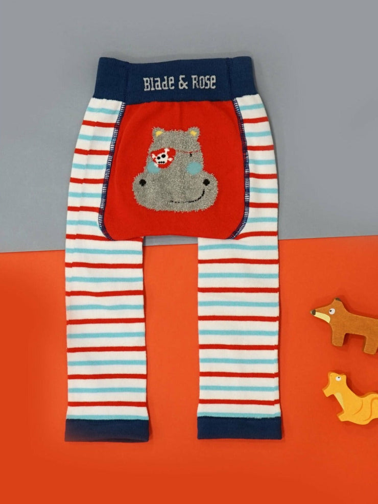 Harry the Hippo Leggings - red, white and blue stripes, with Hippo Character on the bum