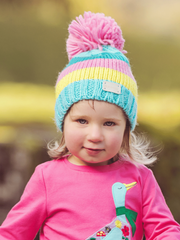 Child Wearing Pastel Striped Bobble Hat & Casey Goose Top